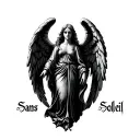 gothic angel statue dark the words " Sans Soleil" in gothic font tattoo design idea