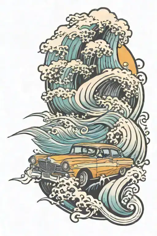 Car with waves crashing in the background tattoo design idea