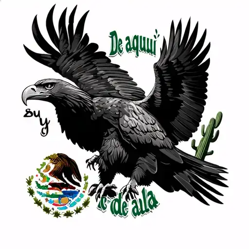the eagle from the mexican flag with "De aqui y de alla" lettering. accents of cactus.  tattoo design idea