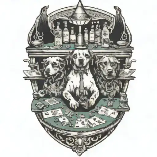 dogs  sitting at a poker table in a dive bar tattoo design idea