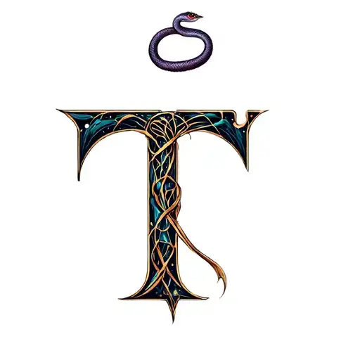 Letter T, a tangled snake, half natural, half mechanical, constellation Libra, suitable for shoulder position tattoo design idea
