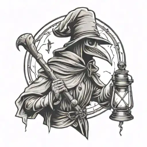 female plague doctor holding a lantern tattoo design idea