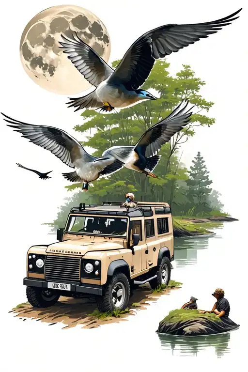 european monument land rover defender suv nature and river moon birds flying a person looking towards moon  tattoo design idea