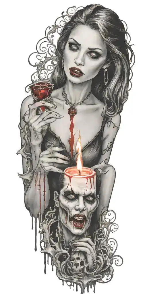 vampire blood women candle burning tattoo design idea