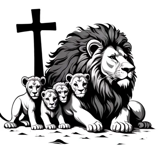 male lion 3 cubs and cross tattoo design tattoo design idea