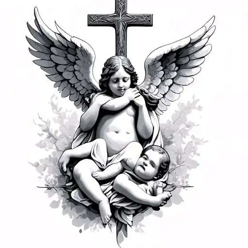 I can do all things through Christ who strengthens with cross on the top and a baby angel  tattoo design idea