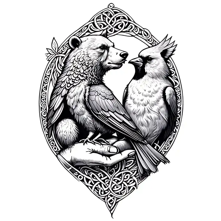 celtic bear with cardinal sitting on her hand tattoo design idea