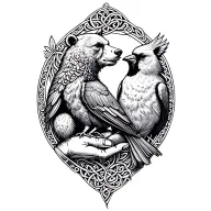 celtic bear with cardinal sitting on her hand tattoo design idea