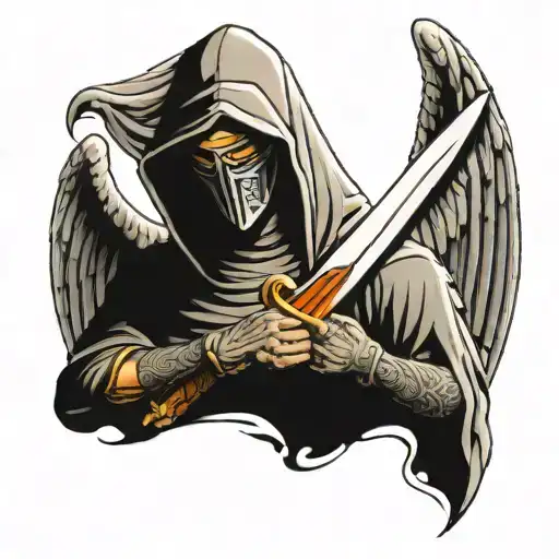 Angel with a hood covering face with a sword in front of him tattoo design idea