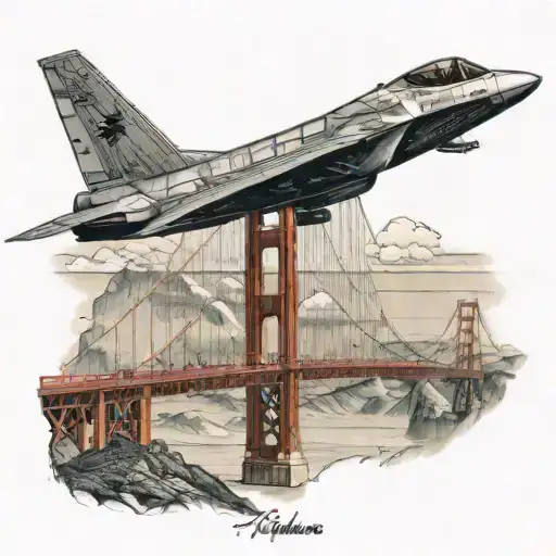 Golden Gate Bridge with f-22 raptor fighter jet tattoo design idea