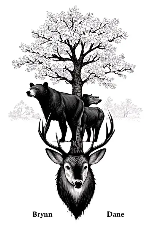 a bear and buck near a dogwood tree with the names Brynn and Dane hiden in the tattoo tattoo design idea
