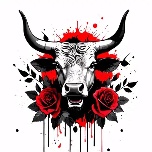 Bull's head, black roses and leaves in the background tattoo design idea