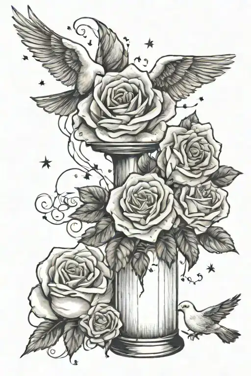 clouds, candle, rose, dove, stars, sun tattoo design idea