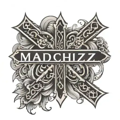 words "MADCHIZI " written vertically interrwined black and white WIITH CHURCH CROSS  tattoo design idea