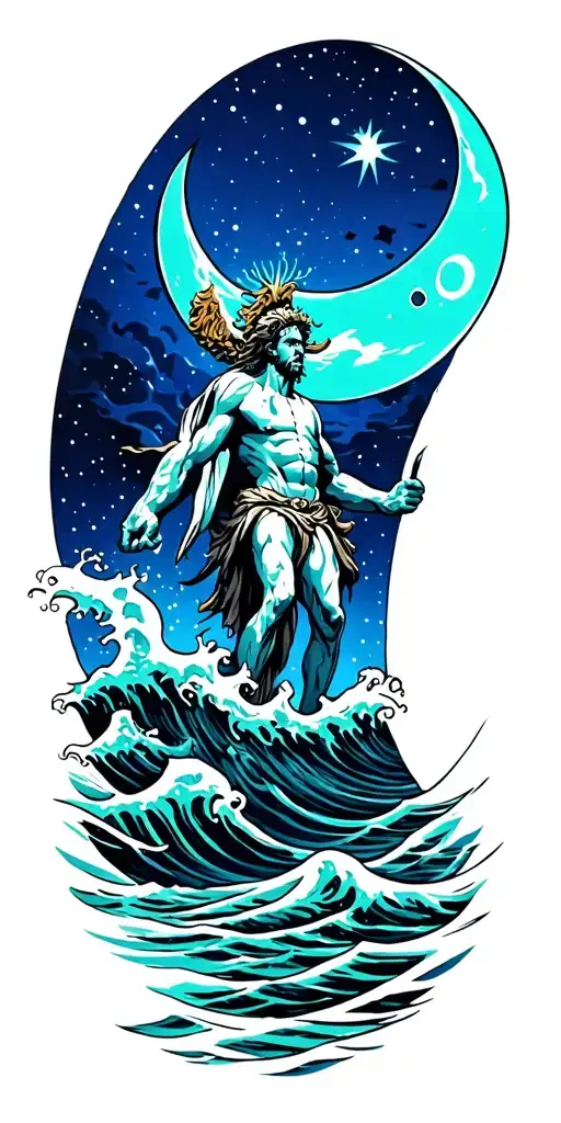 moon over rough seas and poseidon at the bottom using deep blue and turquoise coloring  tattoo design idea
