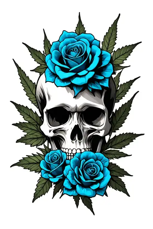 skull weed with blue roses tattoo design idea