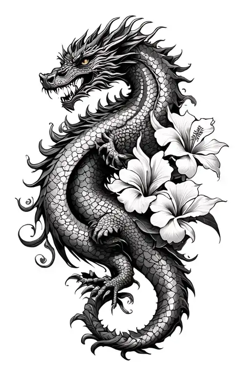 Hawaiin dragon and hibiscus vine wrapping tattoo design idea
