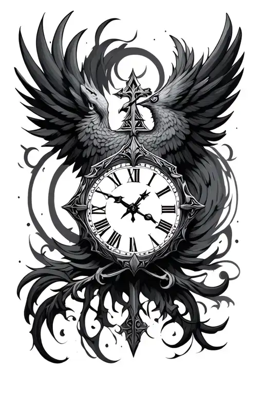 cross Phoenix clock tattoo design idea