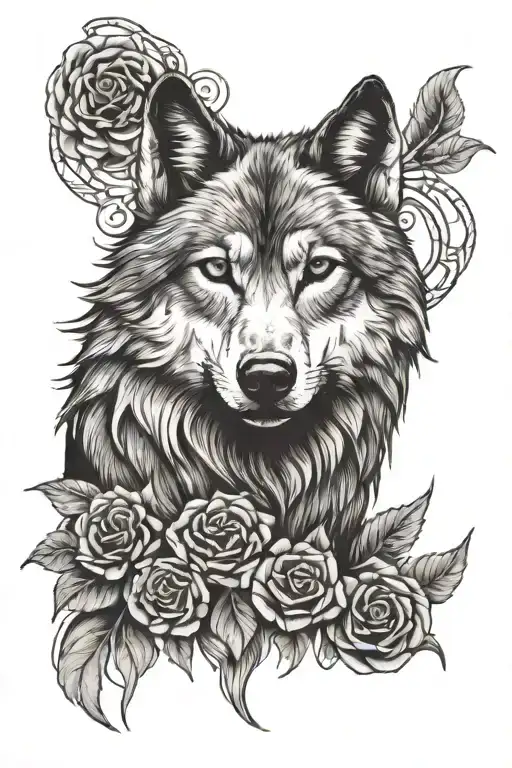 wolf with rosettes tattoo design idea
