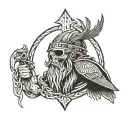 Viking skull with long braid intertwined, long beard holding shield with a raven in the center of the shield tattoo design idea