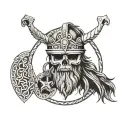 Viking skull with long braid intertwined, long beard holding shield with a raven in the center of the shield tattoo design idea
