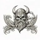 Viking skull with long braid intertwined, long beard holding shield with a raven in the center of the shield tattoo design idea