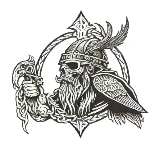 Viking skull with long braid intertwined, long beard holding shield with a raven in the center of the shield tattoo design idea