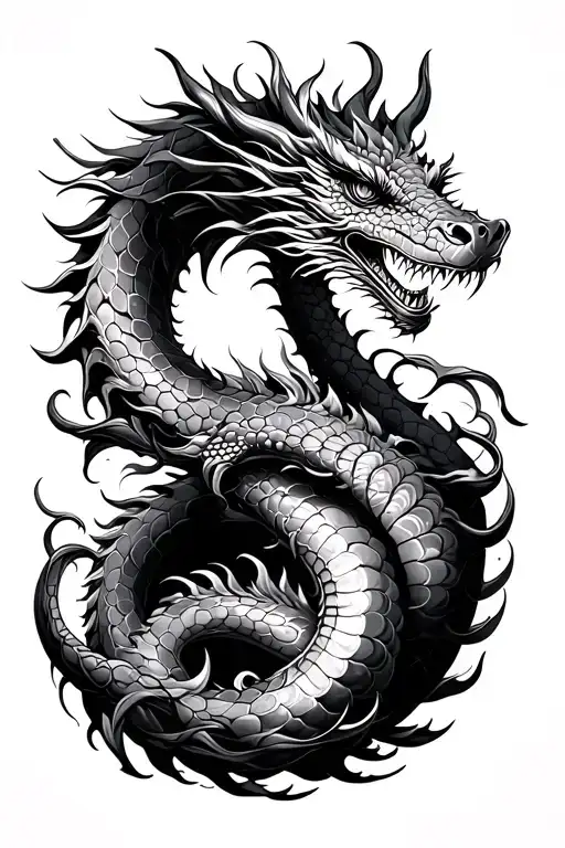Black and grey fine line tattoo. Japanese-style dragon flowing down outer upper arm, calm but powerful. Realistic salama tattoo design idea
