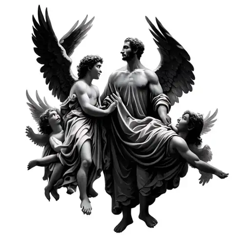 dad in heaven looking at son with angels tattoo design idea