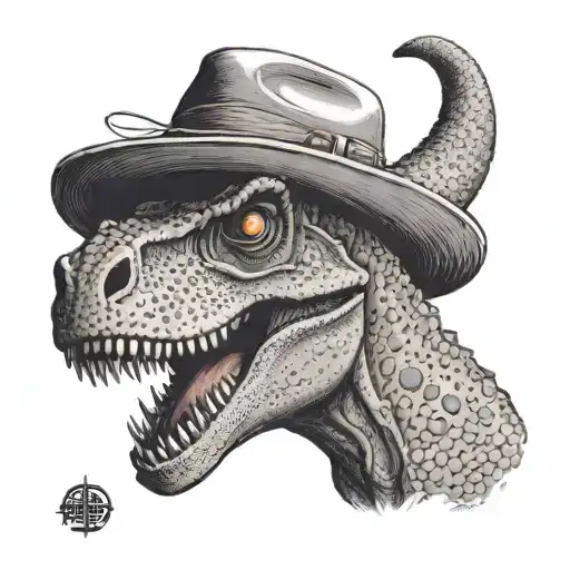 An anime-inspired tattoo of a T-Rex wearing Luffy's straw hat from One Piece, done in a dotwork style tattoo design idea
