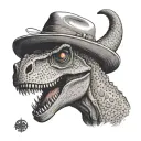 An anime-inspired tattoo of a T-Rex wearing Luffy's straw hat from One Piece, done in a dotwork style tattoo design idea