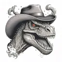An anime-inspired tattoo of a T-Rex wearing Luffy's straw hat from One Piece, done in a dotwork style tattoo design idea