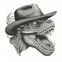 An anime-inspired tattoo of a T-Rex wearing Luffy's straw hat from One Piece, done in a dotwork style tattoo design idea