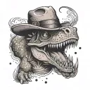 An anime-inspired tattoo of a T-Rex wearing Luffy's straw hat from One Piece, done in a dotwork style tattoo design idea