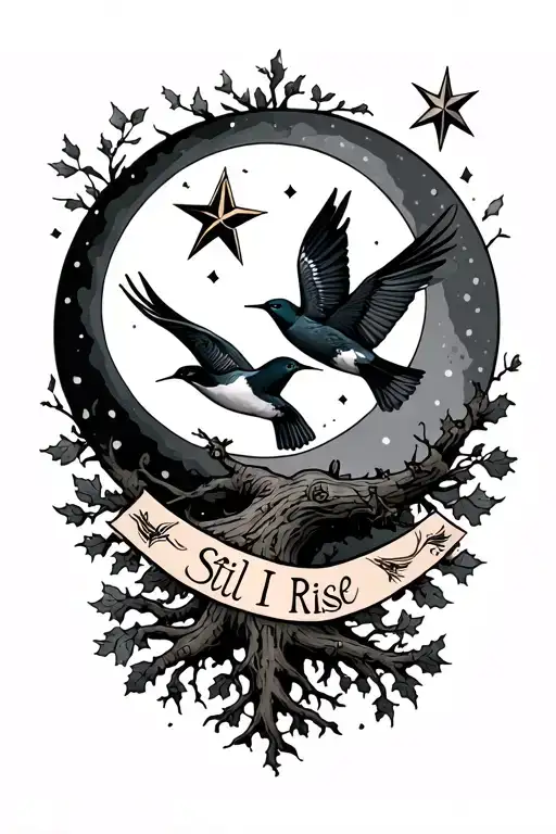 Tattoo in the style of realism and graphics on the hand with swallows, moon, aqueronal star, oak with roots, inscription Still I Rise, tattoo design idea