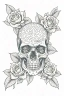 Black and white, full shoulder sleeve, smoky, misty, skull, roses, negative shading, realism tattoo design idea