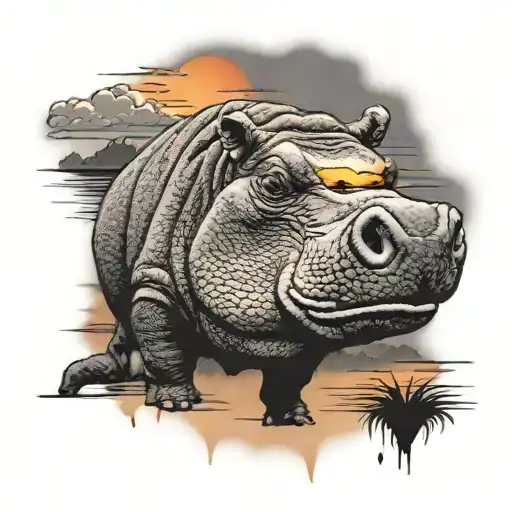 hippo with sunset background tattoo design idea