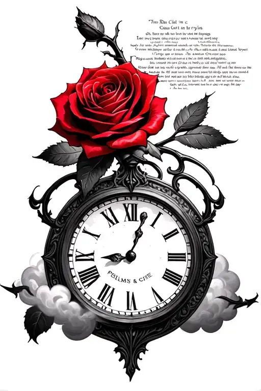 red thorn rose on a clock with the time as get rich or die trying in the cloud by heavens gate, with psalms 91 verse 1-2 tattoo design idea