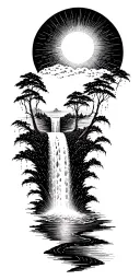 a sun flowing into a river that turns into a waterfall with small rain drops at the end of the waterfall tattoo design idea