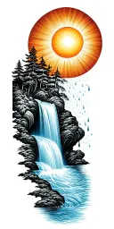a sun flowing into a river that turns into a waterfall with small rain drops at the end of the waterfall tattoo design idea