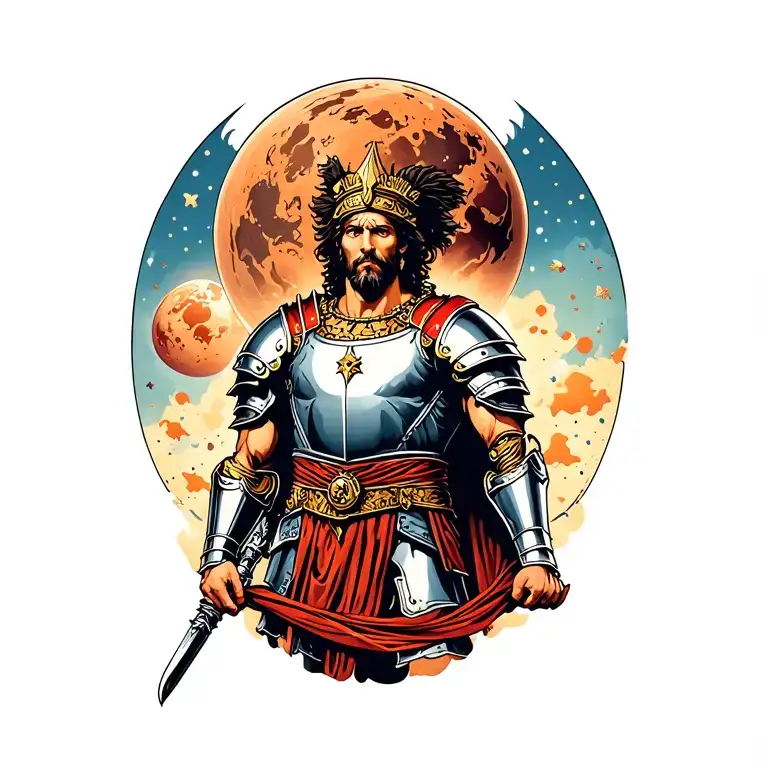 Roman god mars in armor with planet Mars as back ground  tattoo design idea