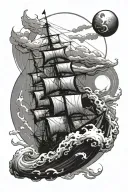 trident in the middle, burning ship on the right, icarus on the left, all above a sun, and a cloud blowing wind tattoo design idea