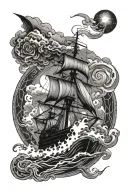 trident in the middle, burning ship on the right, icarus on the left, all above a sun, and a cloud blowing wind tattoo design idea