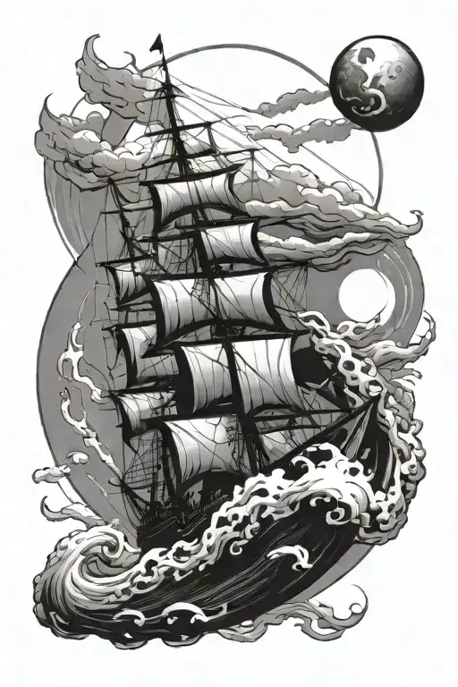 trident in the middle, burning ship on the right, icarus on the left, all above a sun, and a cloud blowing wind tattoo design idea