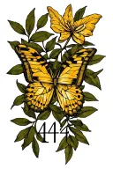 Patchwork tattoo featuring olive branches, butterfly and the numbers 444 tattoo design idea