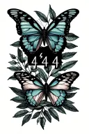 Patchwork tattoo featuring olive branches, butterfly and the numbers 444 tattoo design idea
