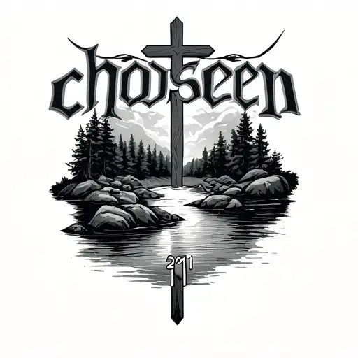 the words "chosen 1" with a cross and a river with the date 2011 tattoo design idea
