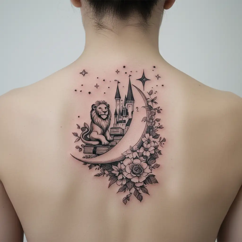 moon stars, disney castle, lion, flowers, books floating tattoo design idea