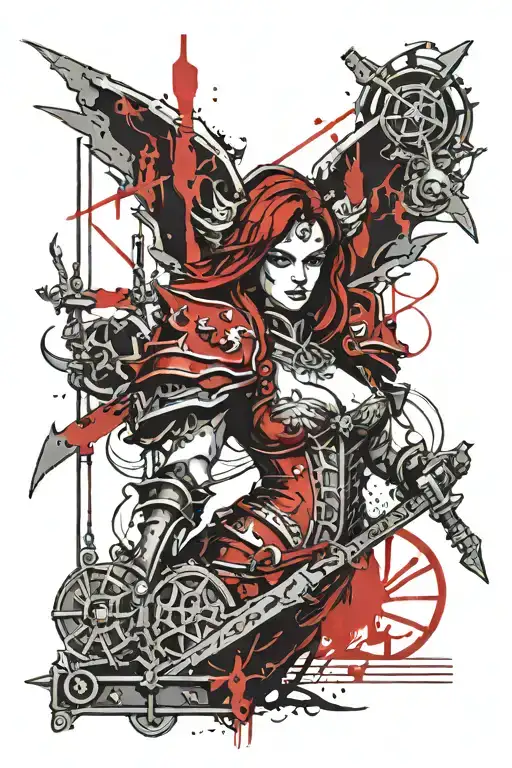 warhammer sister of battle with name Guinevere on a scroll, gothic style tattoo design idea