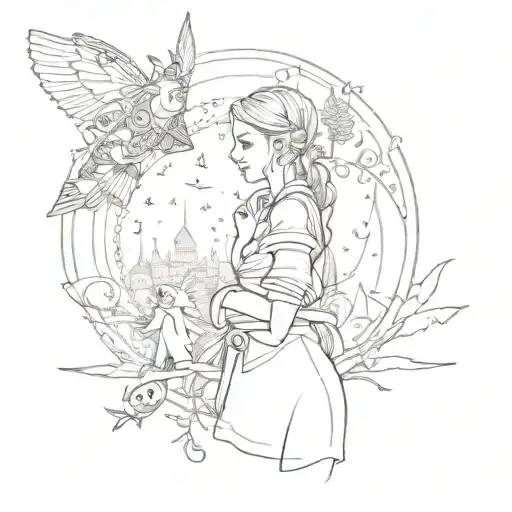 A whimsical tattoo showcasing Olivia and Tomorrowland characters in a festival setting tattoo design idea